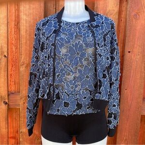 Lucy Paris Navy Floral Lace Bomber Jacket And To with Black Trim Size S